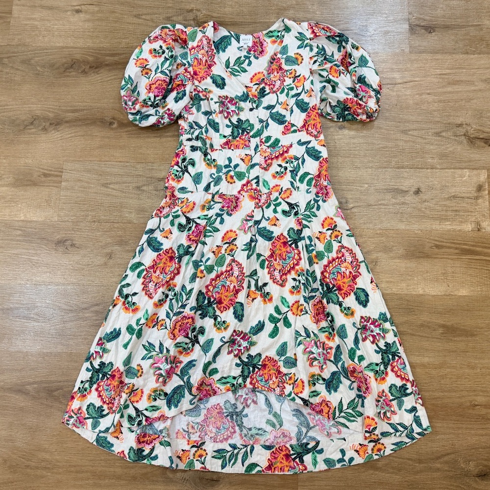 Misa Los Angeles Jamila Dress Floral Puffy Sleeve High Low Midi - Picture 3 of 12